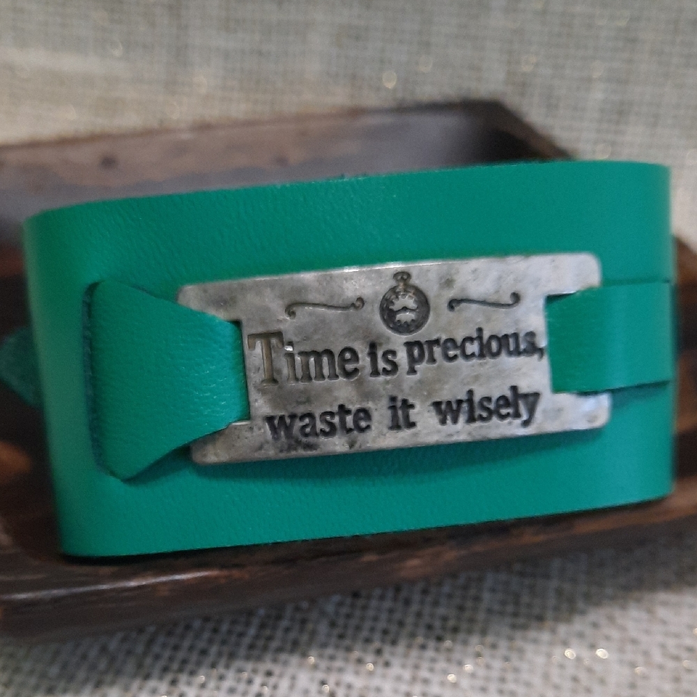 Teal Leather Bracelet with Inspirational Quote